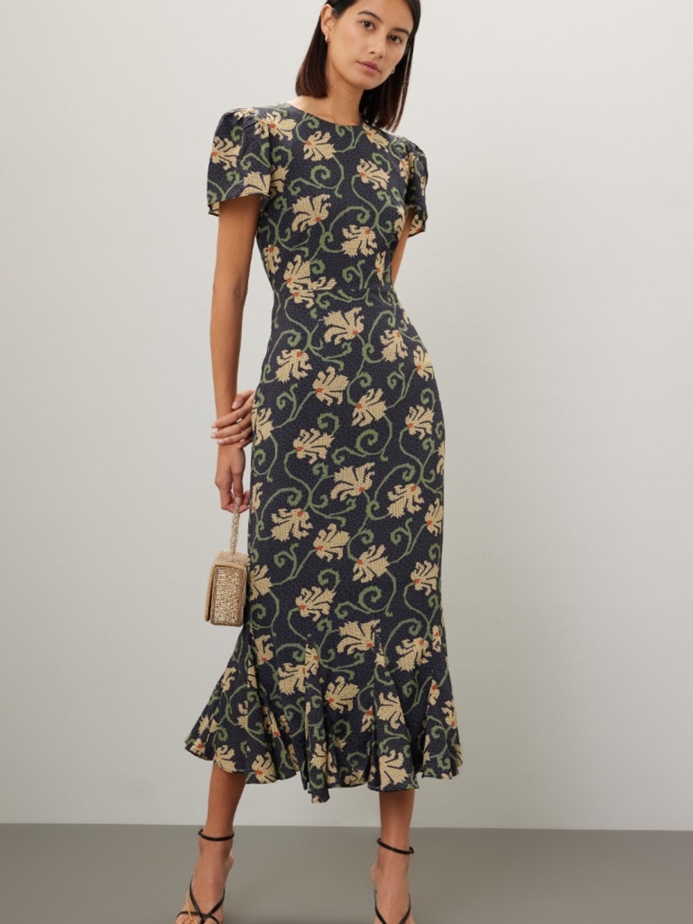 RHODE Lulani Mosaic Blossom Black Floral Midi Trumpet Dress - Size 4